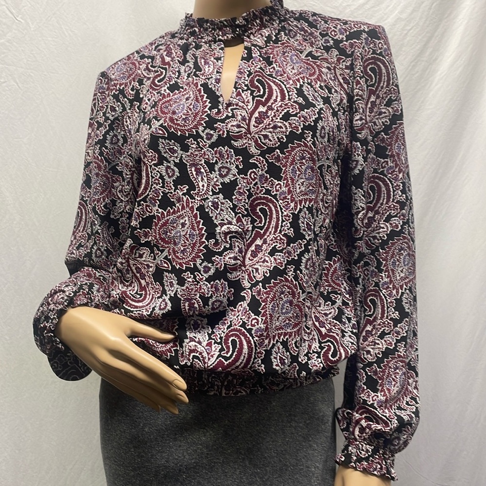 Michael Kors Womens Paisley Gathered Peep Hole Long Sleeve Blouse